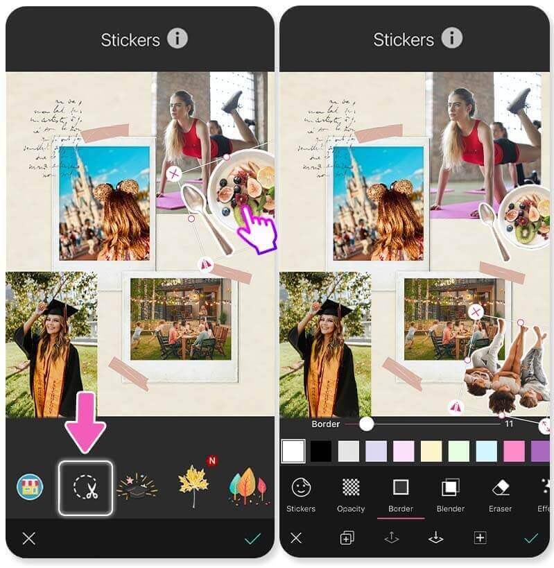Gestaltung einer Zielcollage in YouCam Perfect: Nutzung des Ausschneide-Werkzeugs und Hinzufügen von Stickern für individuelle Visionen.