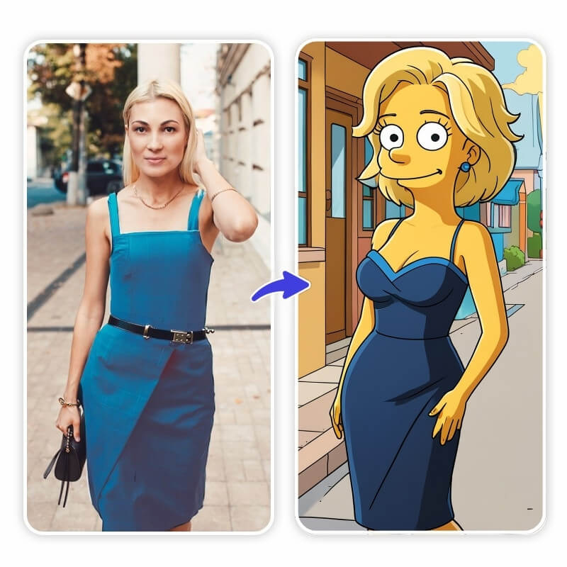 Frau im blauen Kleid als Simpsons-Charakter