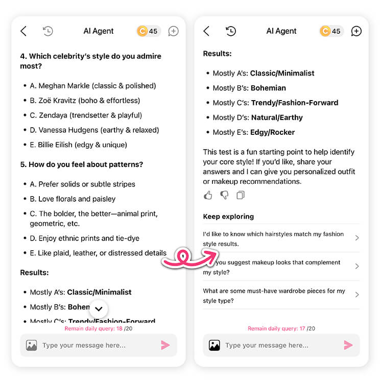 AI Agent will offer you outfit suggestions after completing the Find Your Fashion Style test.