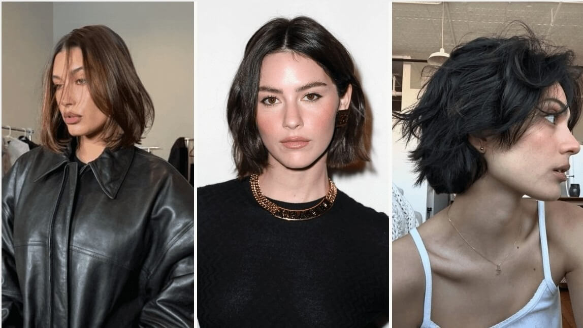 Colagem de tendências de cortes de cabelo curto 2026: Hailey Bieber com long bob reto, modelo com bob curto ondulado e corte bixie repicado moderno