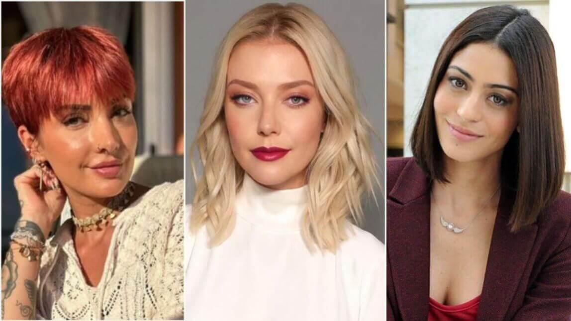 Colagem de mulheres de 40 anos com cortes de cabelo tendência 2026: pixie vermelho moderno, bob loiro ondulado e long bob liso que rejuvenescem.