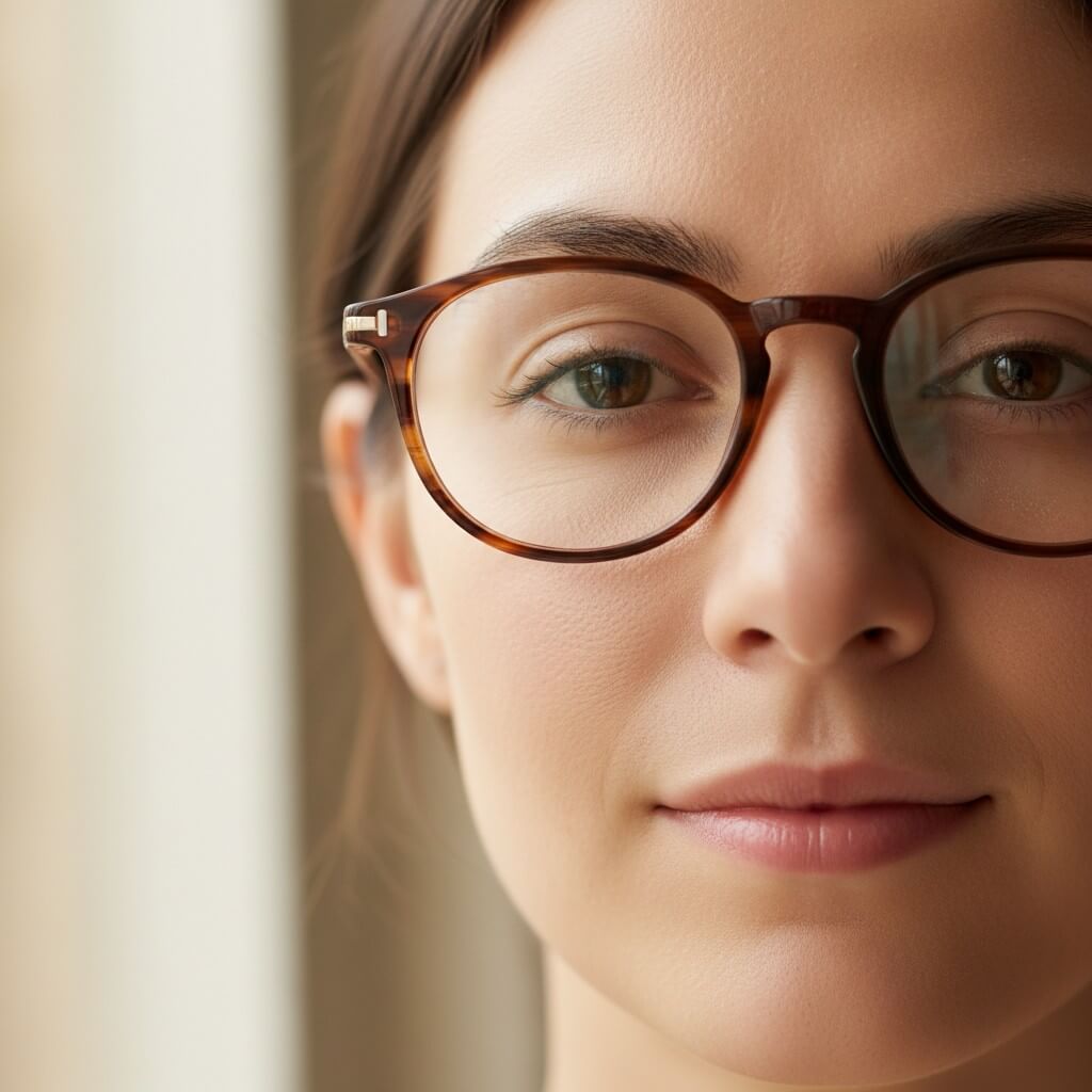 close-up, perfectly fitting glasses, comfort, stability, natural light