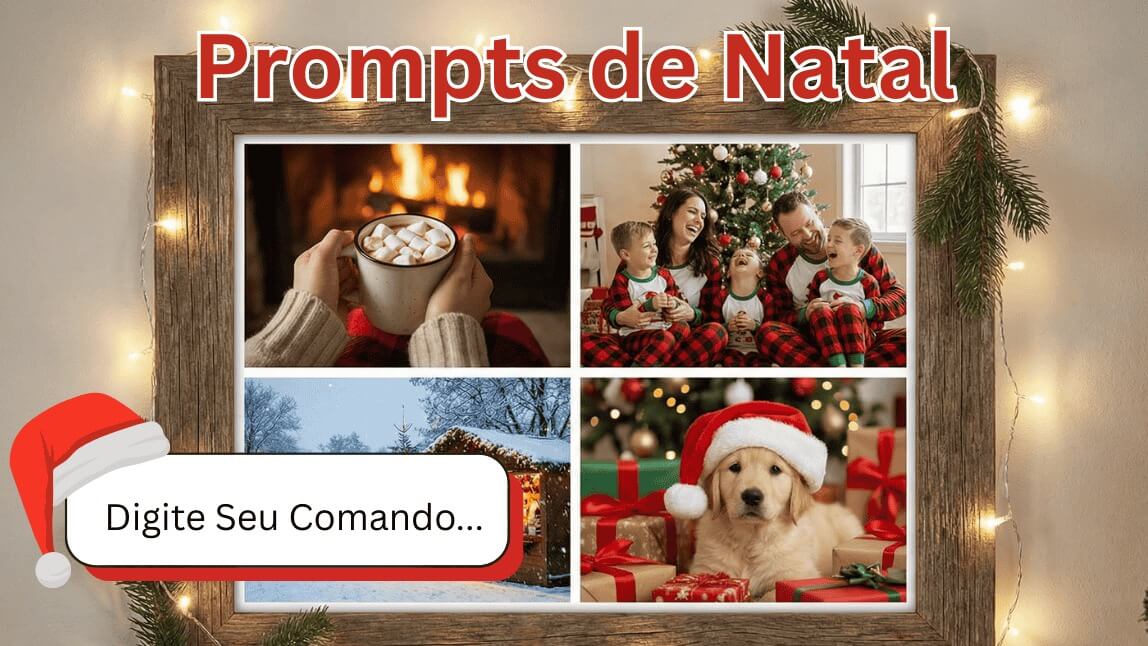Colagem de fotos de Natal geradas por IA mostrando Polo Norte, Papai Noel e decorações festivas com caixa de texto para prompts.