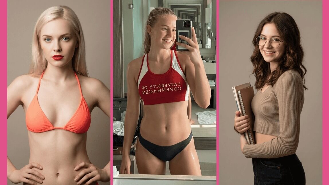 Exemplos de mulheres bonitas geradas por IA sexual em estilos biquíni, fitness e casual, criadas com o melhor gerador de imagem sensual.