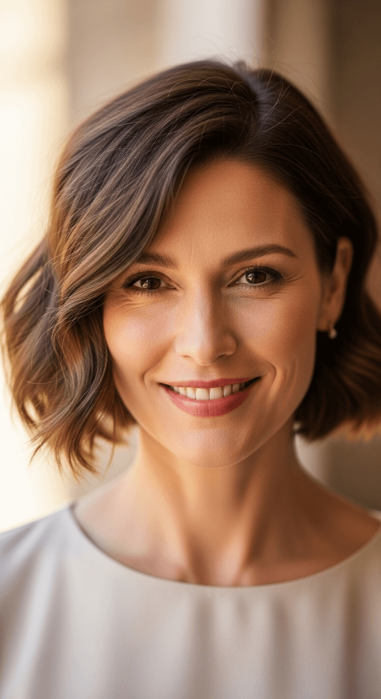 Mulher de 40 anos sorrindo com corte bob curto ondulado moderno