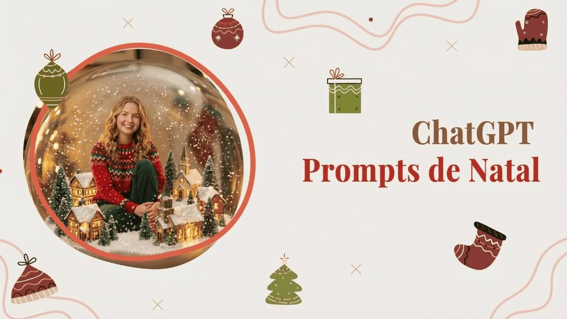 Garota sorrindo dentro de um globo de neve mágico de Natal com vila natalina e neve caindo, imagem gerada por inteligência artificia