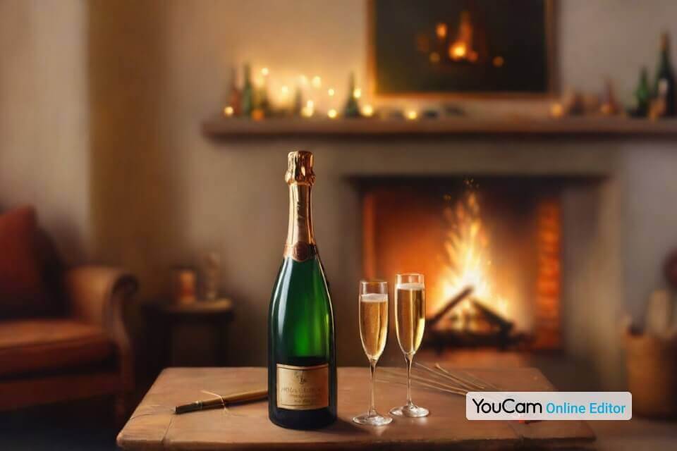 Eine gemütliche Silvesterfeier im Wohnzimmer, mit Wunderkerzen und Sektflaschen
