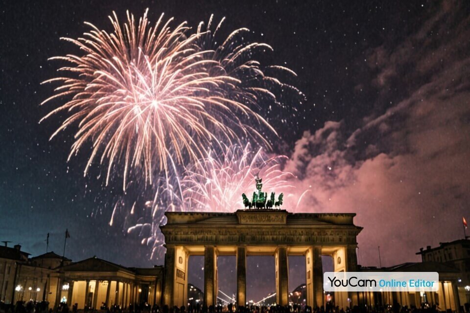 Ein romantisches Feuerwerk über dem Brandenburger Tor an Silvester 2025, mit glitzerndem Nachthimmel