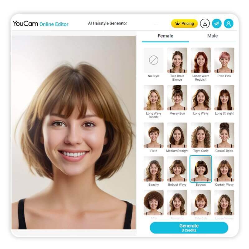 Interface do simulador de corte de cabelo online grátis YouCam Online Editor, mostrando opções de corte e franja.