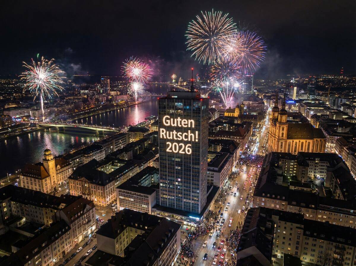 Eine Stadt bei Nacht mit Feuerwerk, auf einem Hochhaus ist die Aufschrift "Guten Rutsch! 2026" zu erkennen.