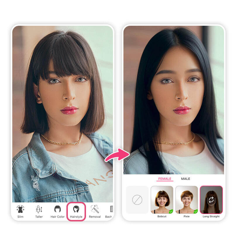 Comparativo antes e depois de mulher testando corte de cabelo longo com o simulador de cabelo YouCam Makeup.