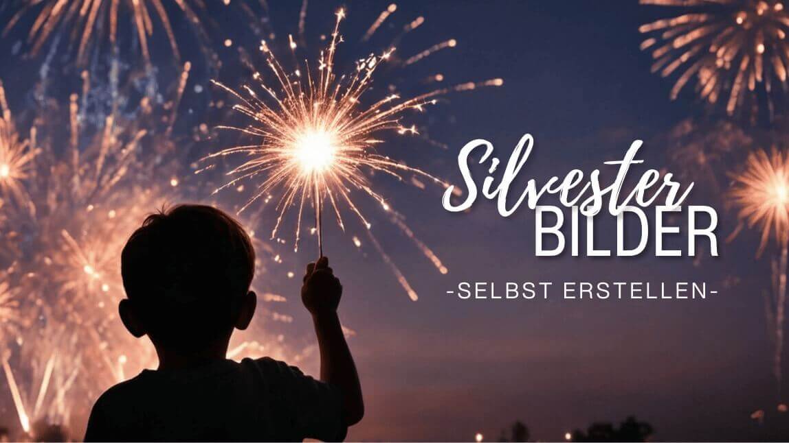Junge hält eine Wunderkerze hoch, im Hintergrund ein Feuerwerk
