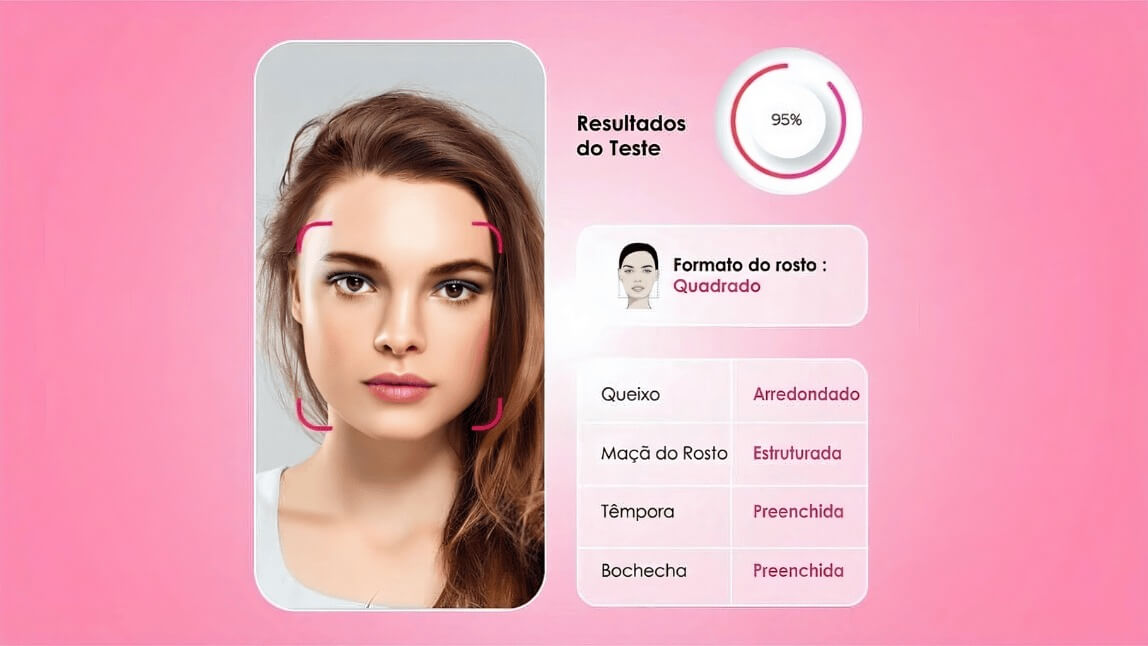 Resultado do teste de beleza IA mostrando formato de rosto quadrado, simetria facial e pontuação de 95% no app YouCam Makeup.