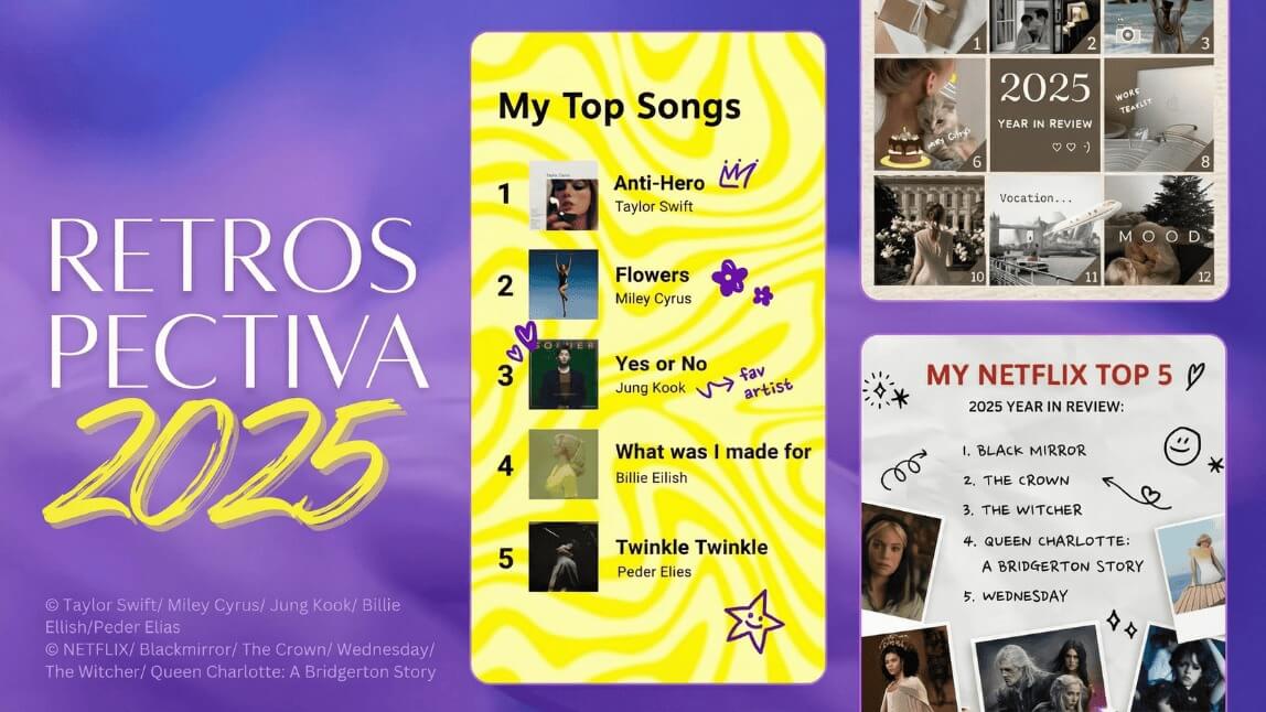 Modelos de Retrospectiva 2025 com lista de músicas favoritas, colagem de 12 fotos e top 5 séries Netflix estilo scrapbook.