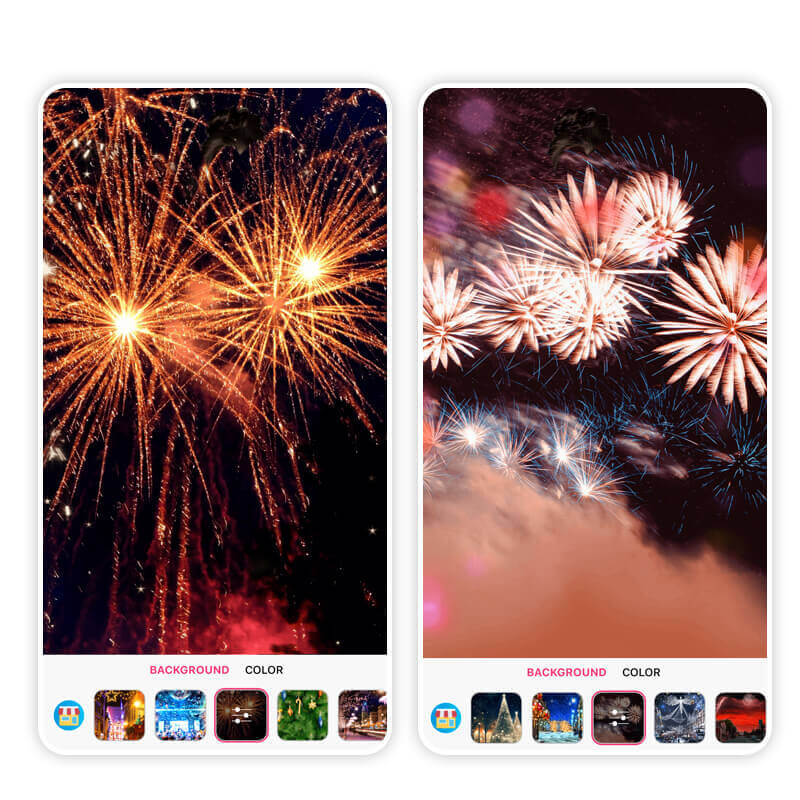 Ajoutez des arrière-plans festifs avec des feux d'artifice pour le Nouvel An. Essayez des arrière-plans photo du Nouvel An avec des feux d'artifice dans vos photos.