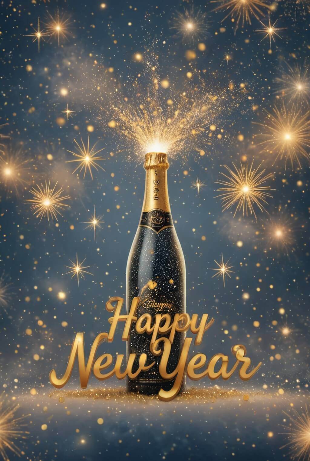 Neujahrsbild mit Sektflasche und der Aufschrift "Happy New Year"