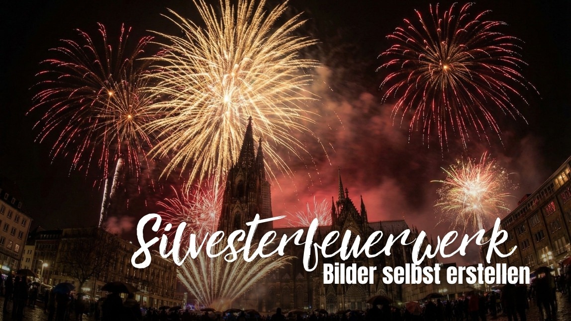 Spektakuläres KI-generiertes Silvesterfeuerwerk über dem Kölner Dom mit dem Titel 'Silvesterfeuerwerk: Bilder selbst erstellen'.