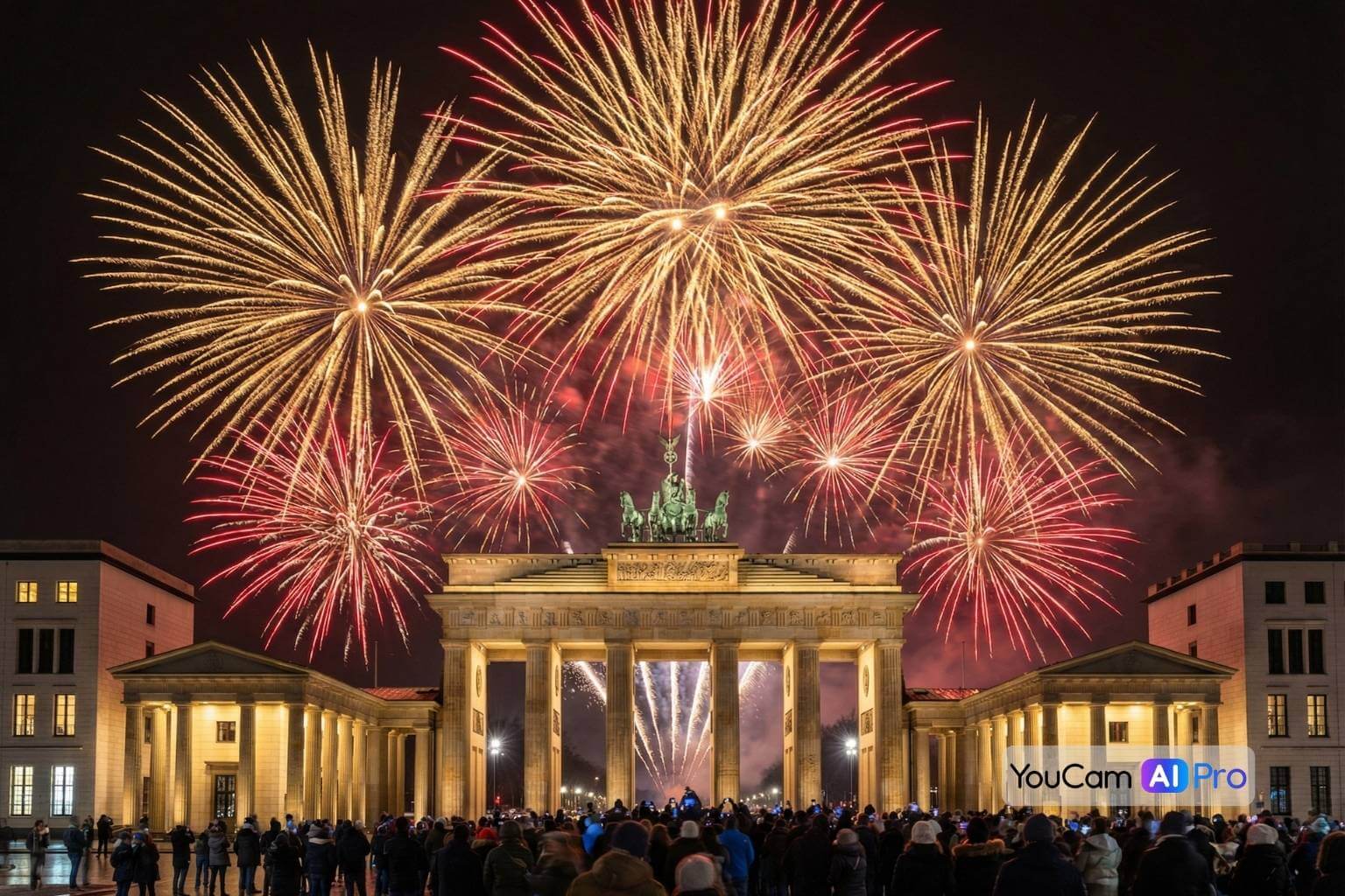 Spektakuläres Silvesterfeuerwerk über dem Brandenburger Tor in Berlin, riesige goldene und rote Explosionen am Nachthimmel, Menschenmenge im Vordergrund, Reflexionen, 8k Auflösung, fotorealistisch.
