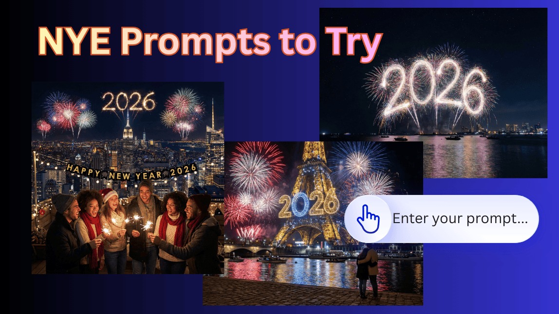 Image IA de haute qualité montrant des amis fêtant le réveillon du Nouvel An 2026 sur un toit avec des cierges étincelants et des feux d’artifice en ville, créée avec YouCam Online Editor.