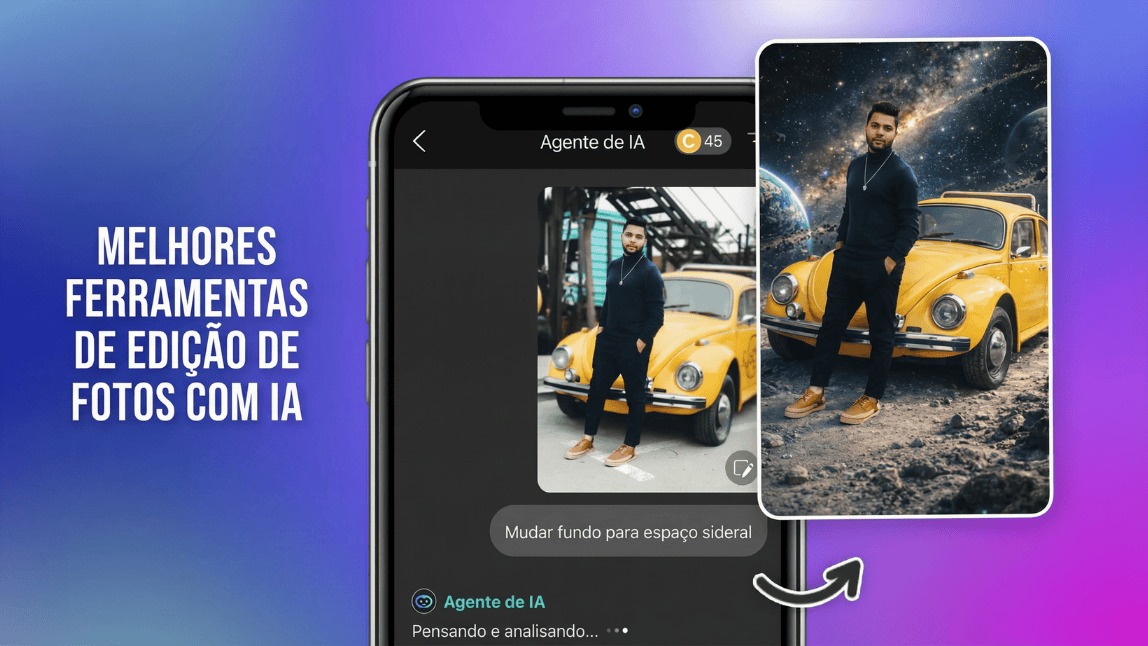 Interface do YouCam Perfect usando Agente de IA para mudar o fundo da foto de um homem com fusca amarelo para o espaço sideral.