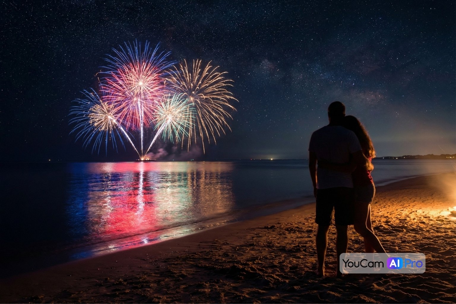 Romantisches Feuerwerk am Strand, Spiegelung der bunten Lichter im ruhigen Wasser, Silhouetten eines Paares, Sternenhimmel, sanftes Licht, magische Atmosphäre, hohe Details.