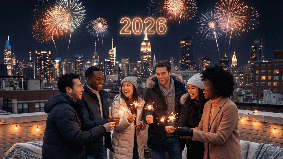 High-quality AI-generated image of friends celebrating New Year's Eve 2026 on a rooftop with sparklers and city fireworks, created using the YouCam Online Editor.