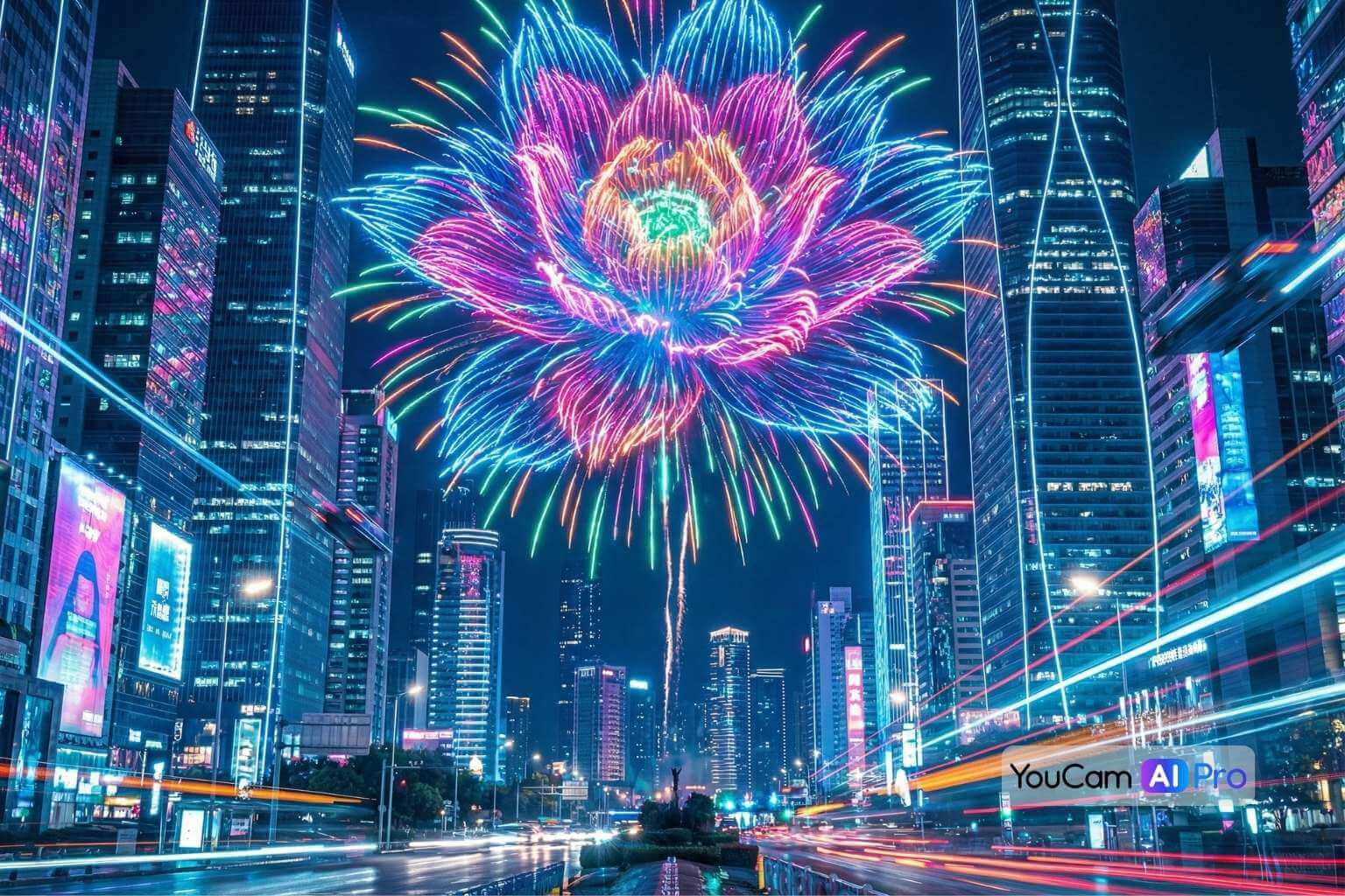 Explosion von Feuerwerk in Form einer Blume, leuchtende Neonfarben, Cyberpunk-Stil, futuristische Stadt im Hintergrund, detailliert und scharf, lebendige Farben.