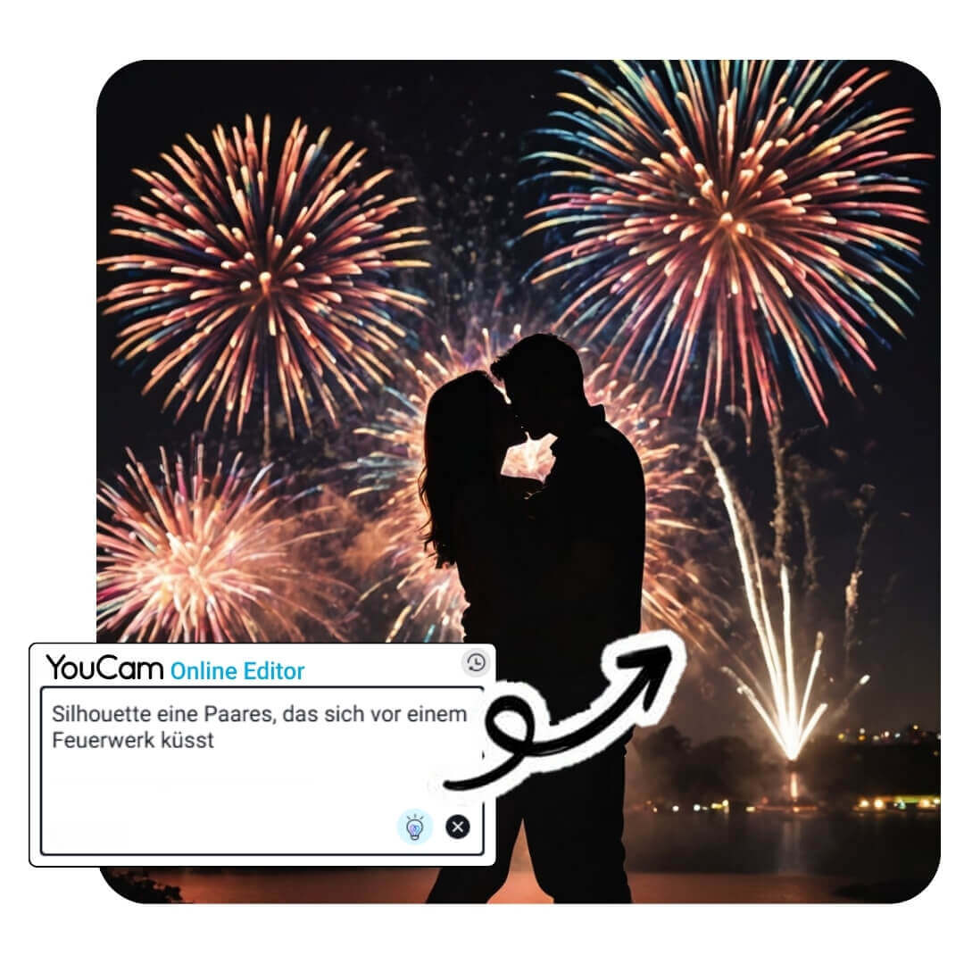 Una coppia si bacia davanti a un romantico spettacolo pirotecnico di fuochi Capodanno.
