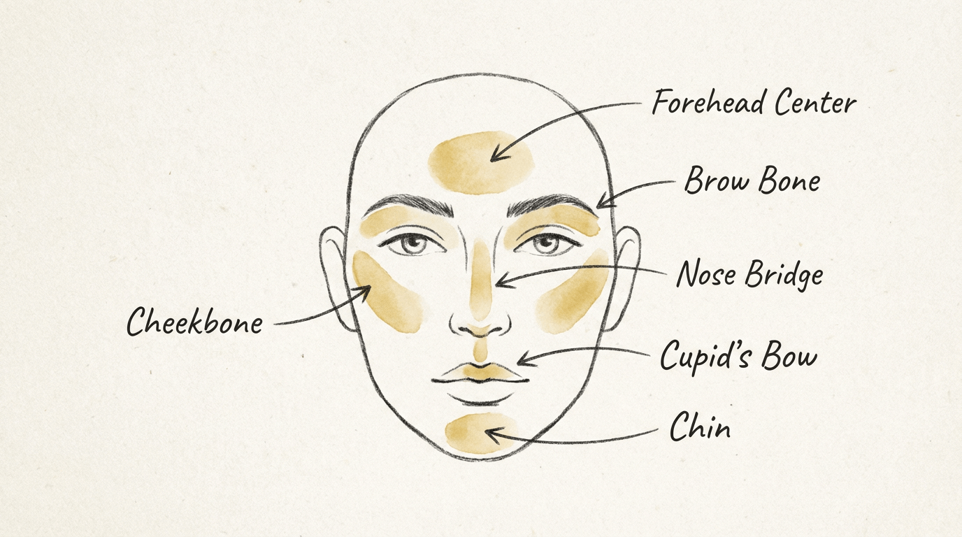 Schéma complet du visage montrant les zones d’illumination Schéma complet du visage montrant les zones d’illumination