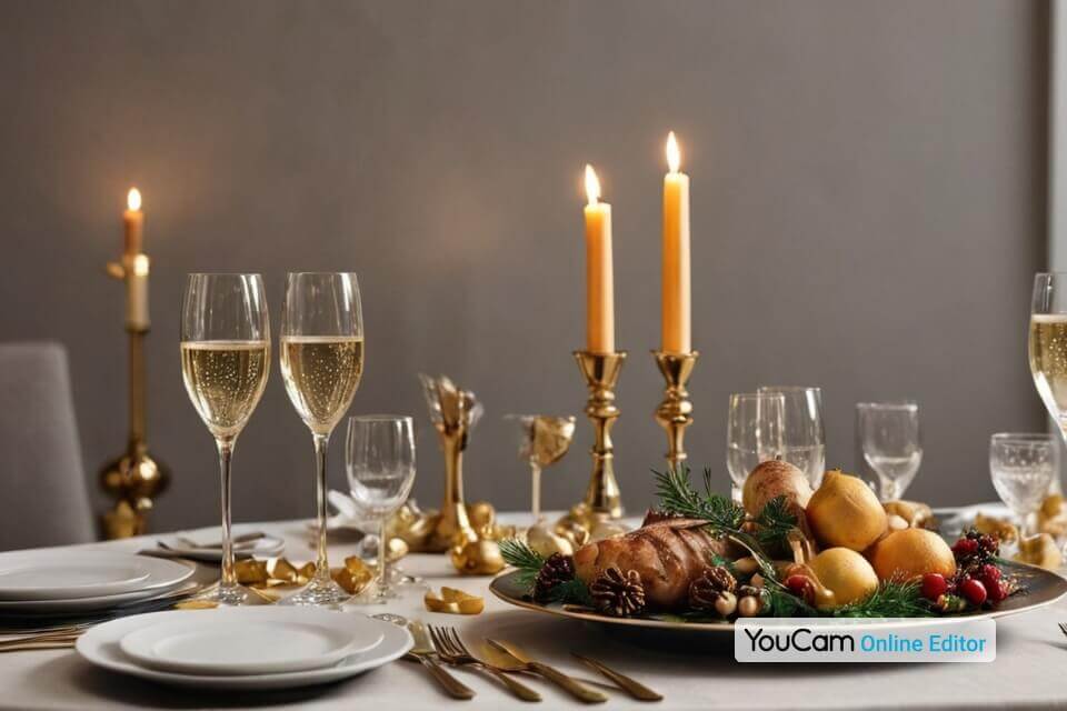 Una tavola elegantemente apparecchiata per il cenone di Capodanno, con candele dorate e bicchieri di champagne.