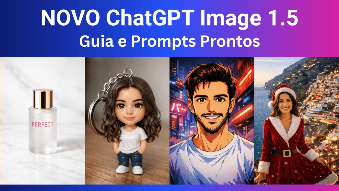 Banner do guia GPT Images 1.5 exibindo quatro exemplos de geração de imagem com IA: foto frasco de skincare, boneca 3D chibi, anime masculino e retrato realista de Natal.