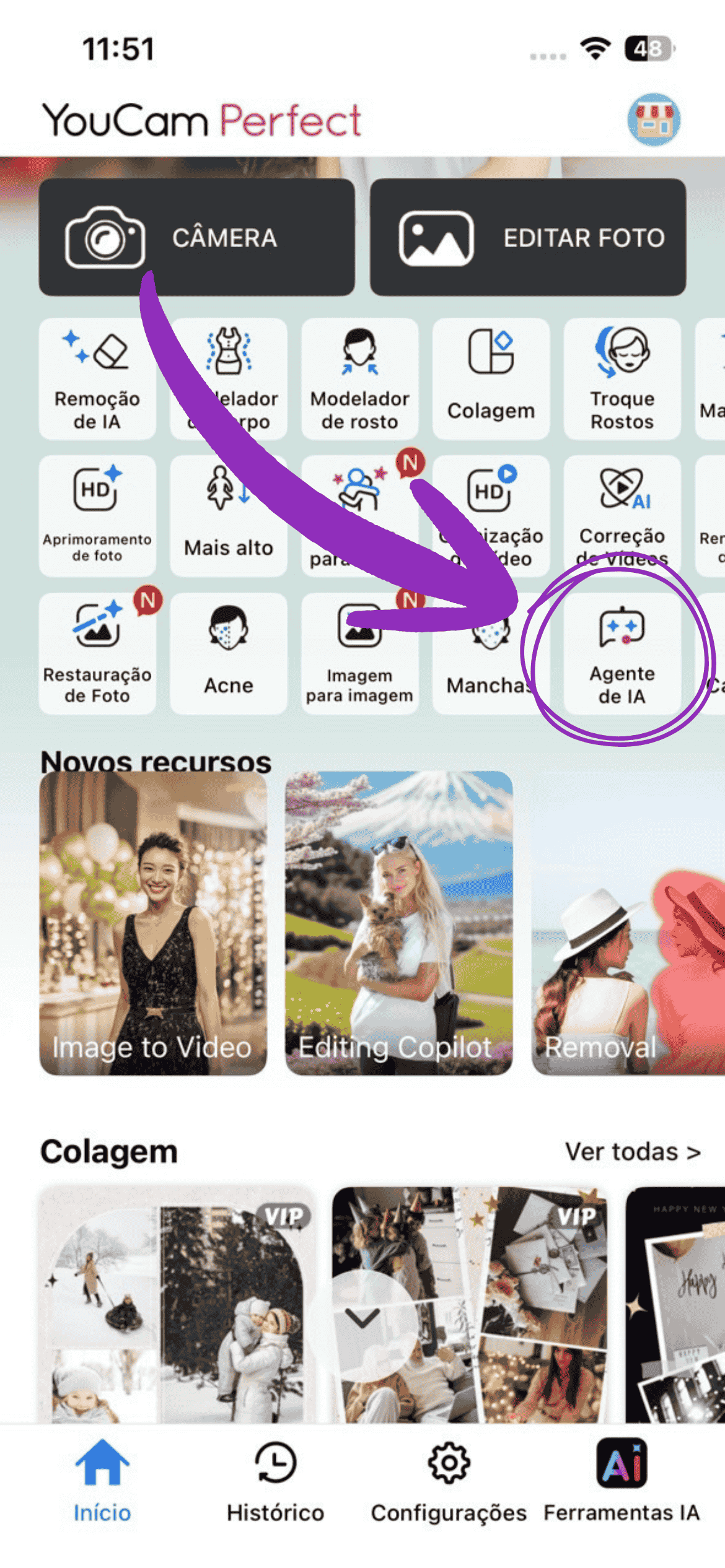 Tela inicial do aplicativo YouCam Perfect mostrando a localização do novo recurso Agente de IA para editar fotos com inteligência artificial.
