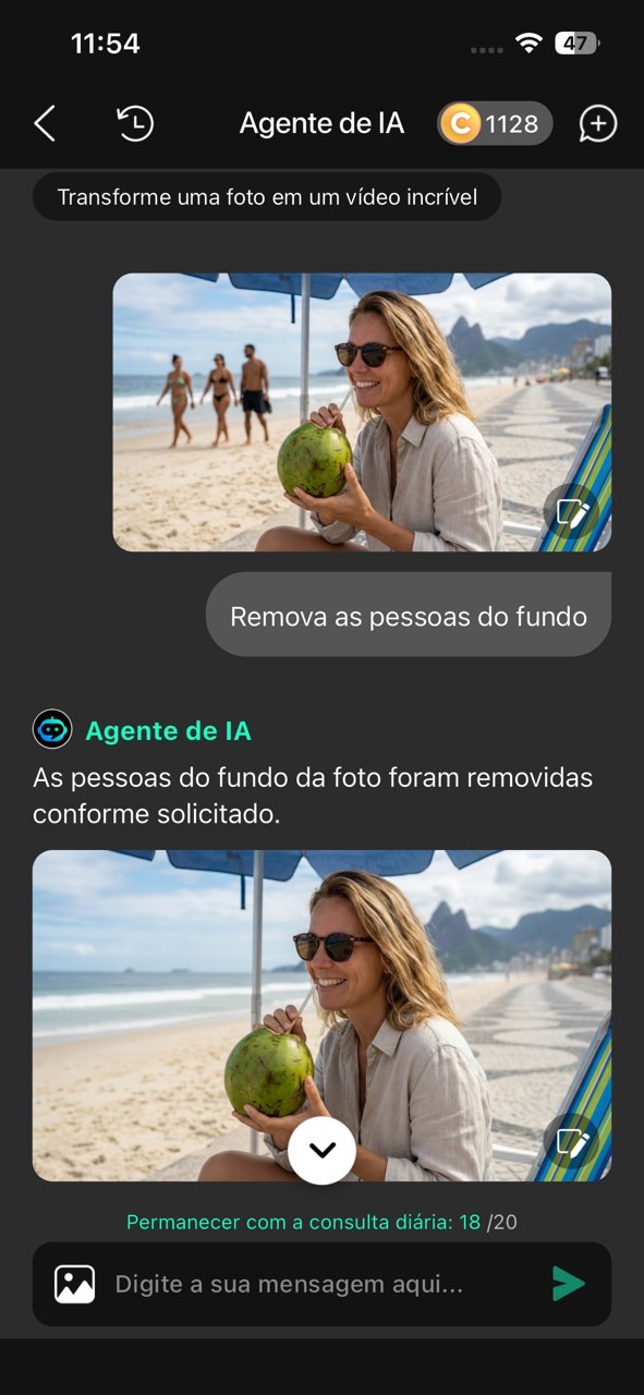 Exemplo prático do Agente de IA do YouCam Perfect removendo pessoas do fundo da foto na praia após receber o comando de texto "Remova as pessoas do fundo