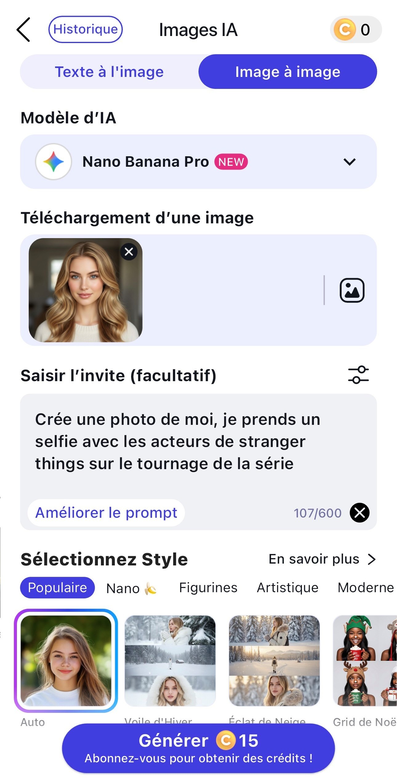 Importez photo pour créer photo célébrité IA