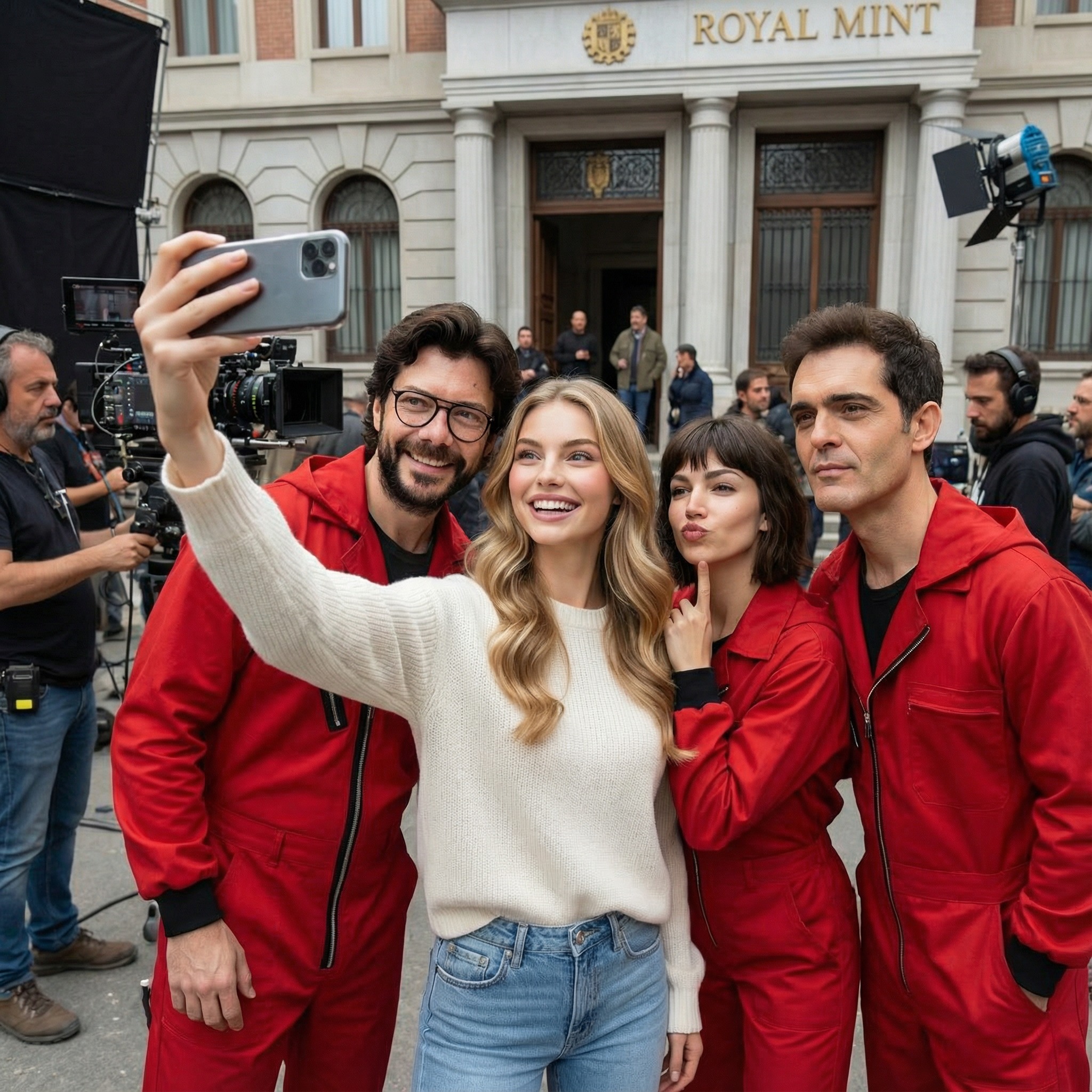 Casa de papel : tendance photo groupe célébrité IA sur tournage