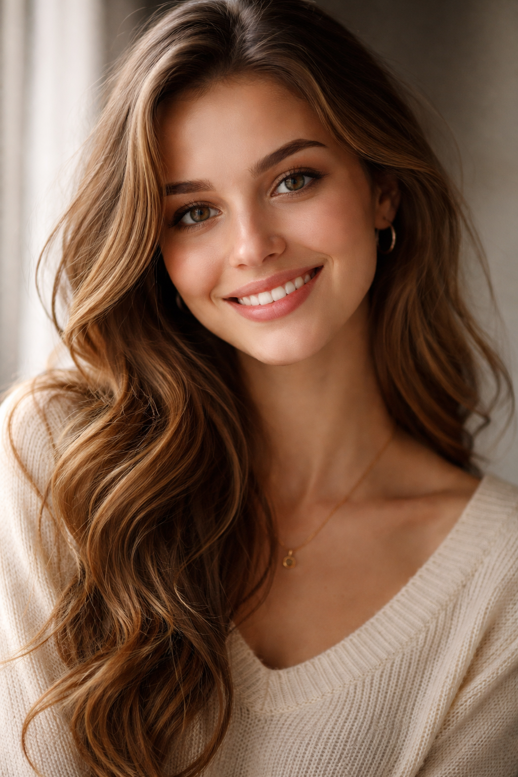 Retrato hiper-realista de uma jovem alegre com iluminação suave gerado pelo novo ChatGPT Image 1.5