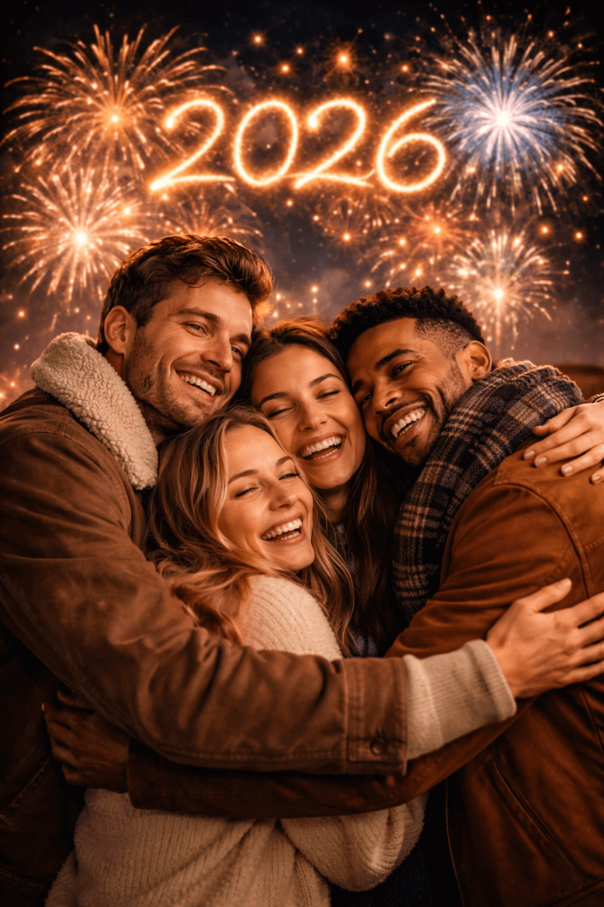 Friends Hugging at Midnight