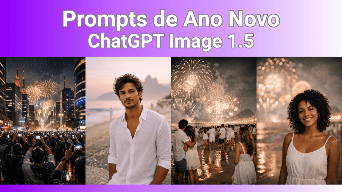 Colagem de fotos de Réveillon geradas por IA com prompts do ChatGPT: fogos na cidade, homem na praia, casal vendo fogos e mulher sorrindo no Ano Novo 2026.