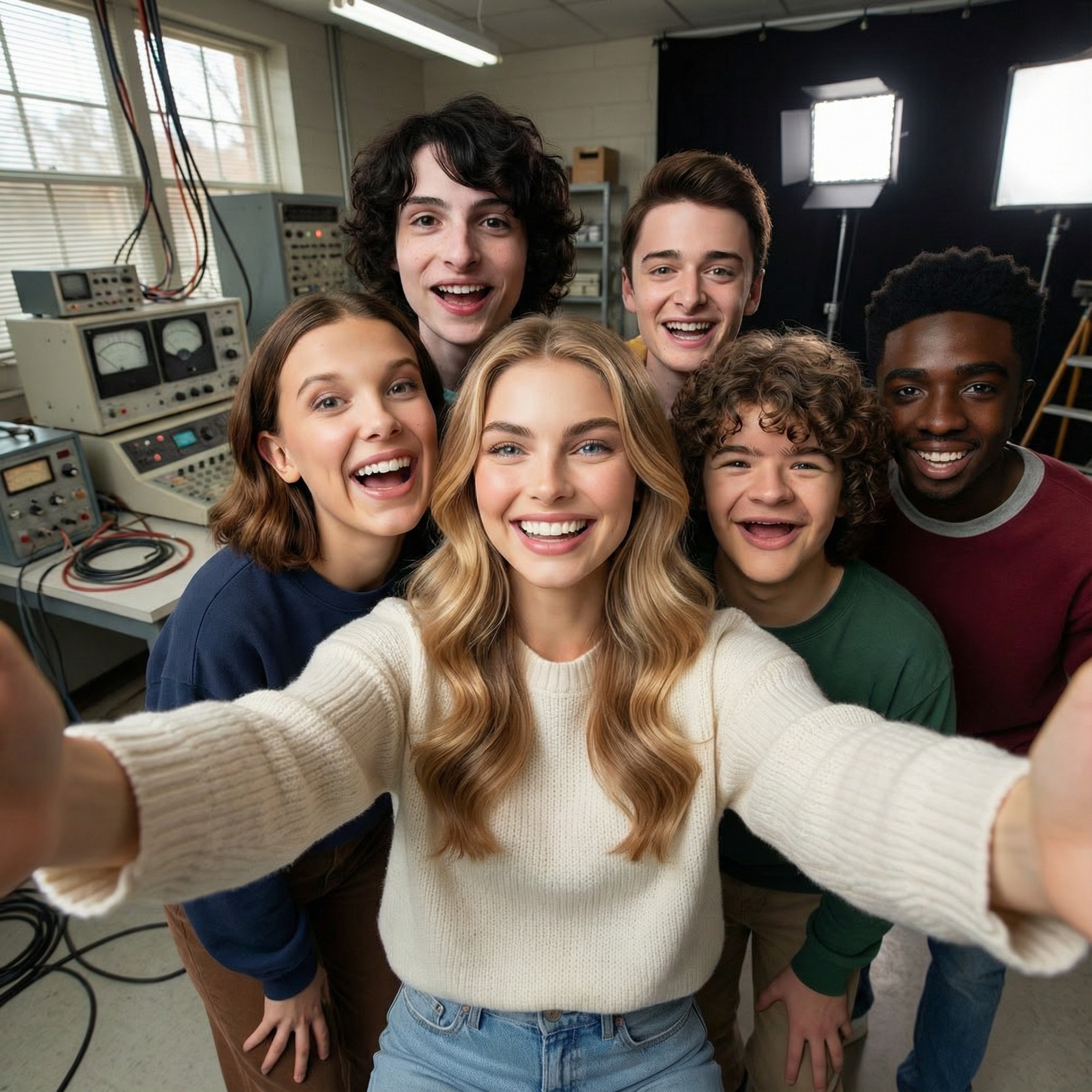 Behind the scene : photo groupe célébrités IA avec personnage de Stranger Things