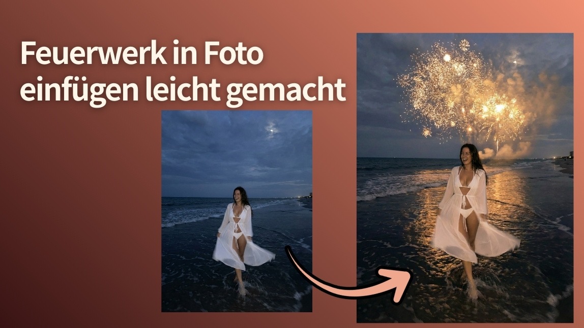 Vorher-nachher-Demonstration, wie man Feuerwerk zu einem Foto für Silvester 2026 hinzufügt. Die Grafik zeigt, wie KI eine dunkle Nachtaufnahme in eine festliche Silvesterfeier verwandeln kann.
