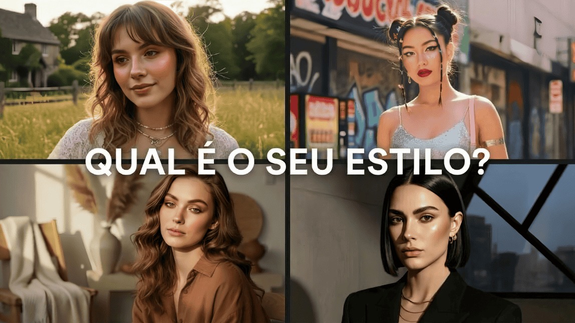 Colagem com quatro mulheres representando diferentes aesthetics (romântica, criativa, natural e elegante) para o teste de estilo pessoal do YouCam Makeup.