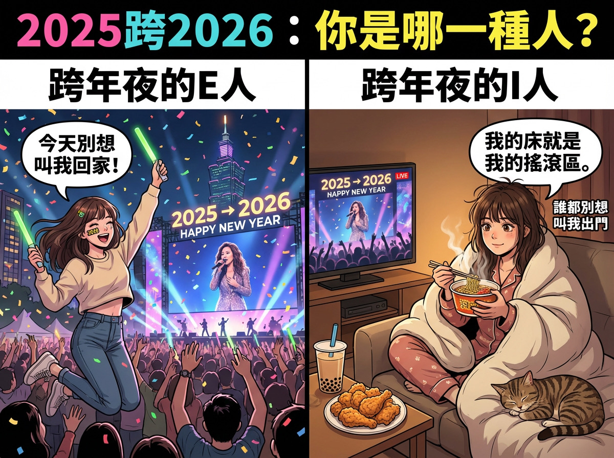 跨年夜的 E 人與 I 人 跨年梗圖-元旦快樂圖案-元旦圖案