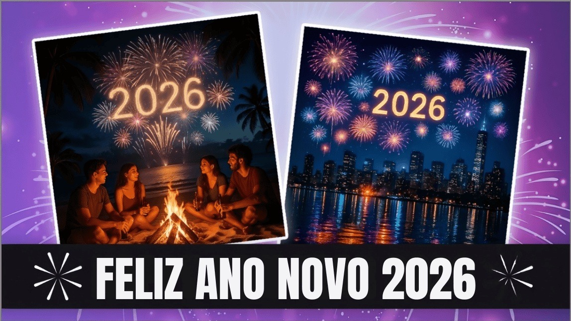 Banner com imagens de IA de Feliz Ano Novo 2026 mostrando fogos de artifício na praia e na cidade com texto festivo.