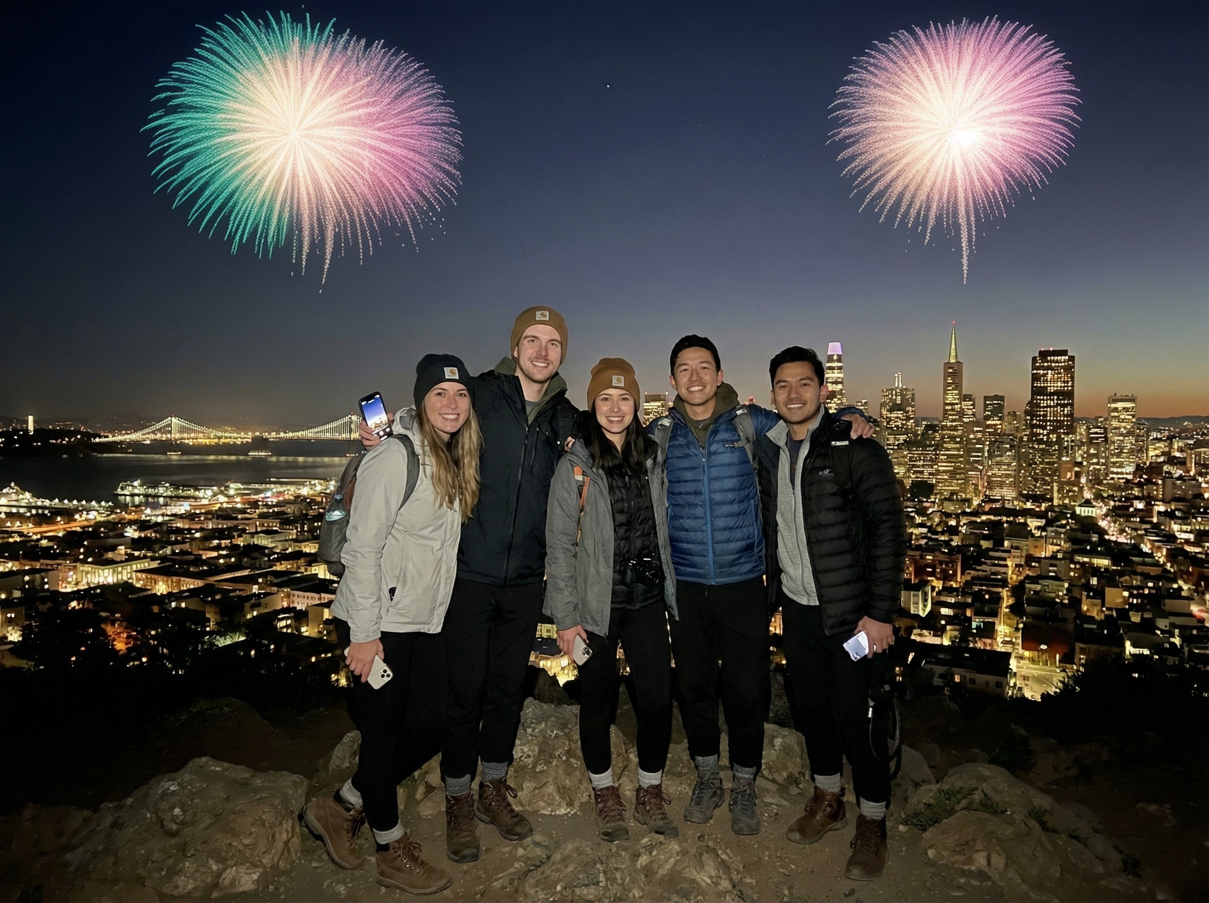 Fireworks added to a photo from a hike in San Francisco with AI Repalce.