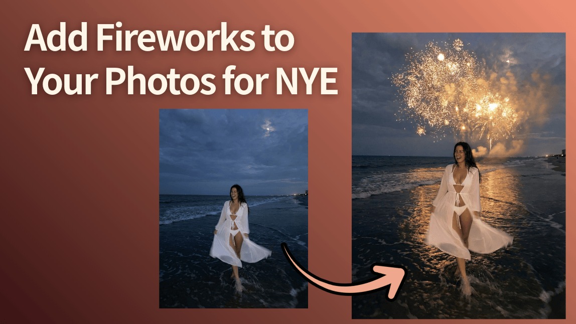 Before and after demonstration of adding fireworks to a photo for NYE 2026. The graphic illustrates how AI can transform a dark night shot into a festive New Year’s Eve celebration.