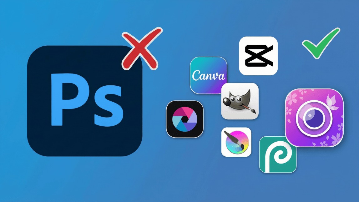 Comparação entre Adobe Photoshop com um X vermelho e alternativas gratuitas como YouCam Perfect, Canva e GIMP com um sinal de visto verde.