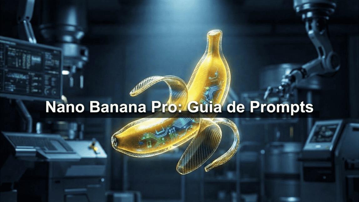 Capa do artigo Nano Banana Pro Guia de Prompts, ilustrada por uma banana digital futurista com circuitos brilhantes flutuando em um laboratório de IA azulado