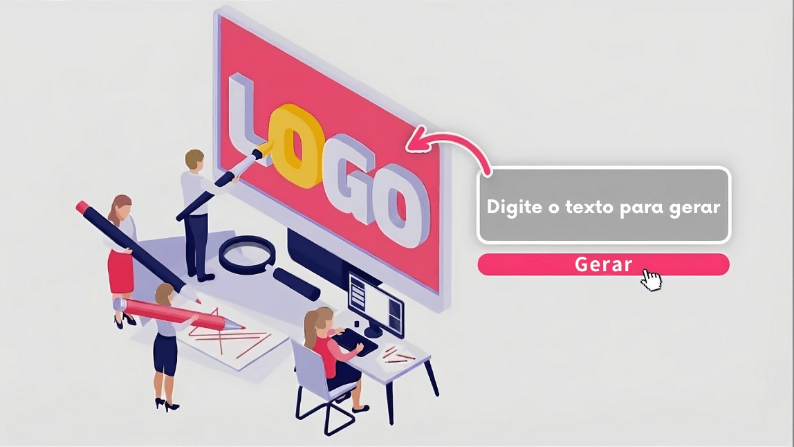 Ilustração estilizada mostrando o processo de criação de logo com IA, onde uma equipe monta a palavra LOGO ao lado de uma caixa de prompt de texto para gerar imagens.