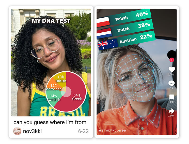 Mulher usando um filtro de etnia no celular para descobrir sua descendência.