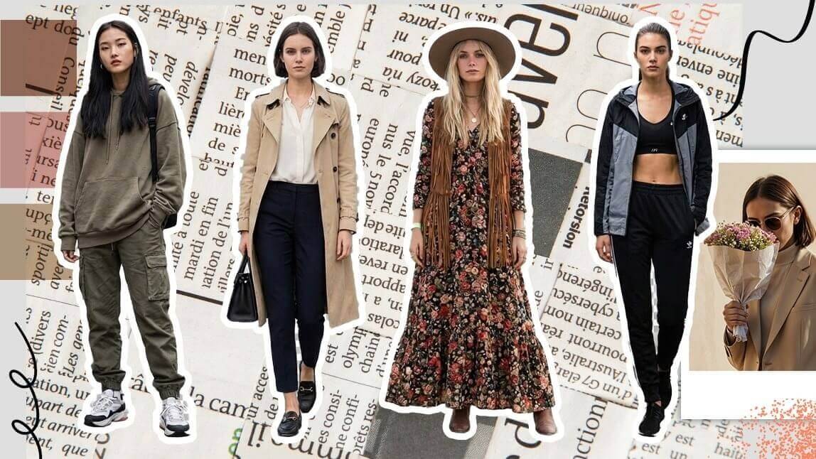 Colagem de mulheres vestindo diferentes estilos para ilustrar como descobrir seu estilo de roupa usando um provador virtual.